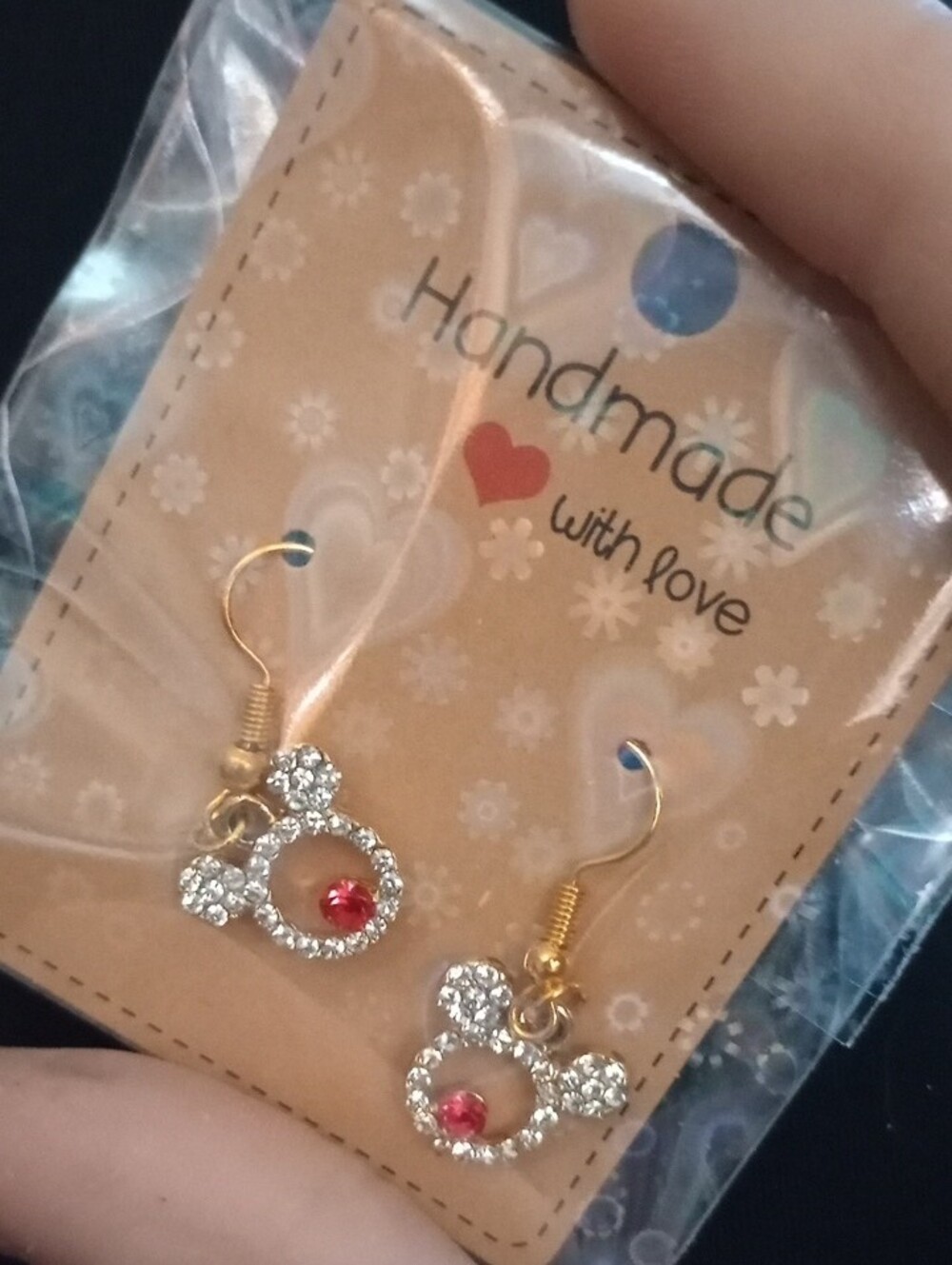 Handmade Gold-Tone Crystal Mickey-Style Earrings with Red Stones